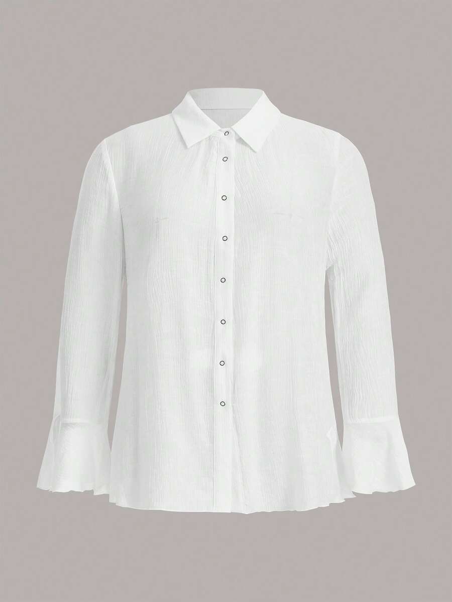 SHEIN EZwear Plus Knot Cuff Button Front Shirt Without Cami Top - White - View 1