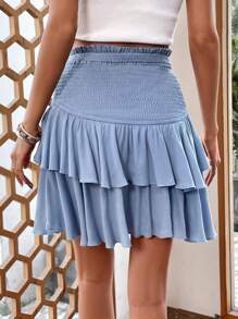 SHEIN VCAY 紙袋腰荷葉邊半身裙 - 藍色 - 查看 2