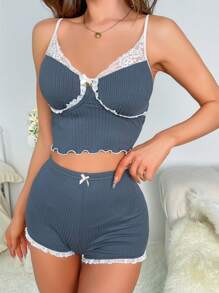 蕾絲拼接木耳邊前蝴蝶結睡衣套裝 - 深灰色 - 查看 5