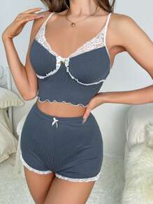 蕾絲拼接木耳邊前蝴蝶結睡衣套裝 - 深灰色 - 查看 6