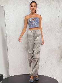 SHEIN Unity Cut Out Tube Metallic Denim Crop Top - Medium Wash - View 5