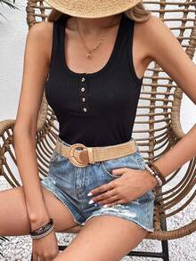 SHEIN LUNE Half Button Ribbed Knit Tank Top