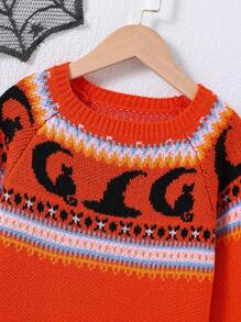 SHEIN 女大童萬聖節圖案插肩袖套頭毛衣 - 橘色 - 查看 3