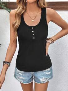 SHEIN LUNE Half Button Ribbed Knit Tank Top