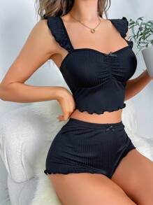 SHEIN Butterfly Appliques Lettuce Trim PJ Set / Pajama Set - Black - View 4