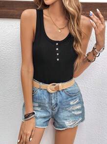 SHEIN LUNE Half Button Ribbed Knit Tank Top