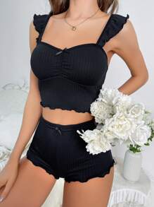 SHEIN Butterfly Appliques Lettuce Trim PJ Set / Pajama Set - Black - View 5