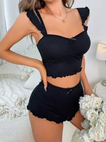 SHEIN Butterfly Appliques Lettuce Trim PJ Set / Pajama Set - Black - View 6