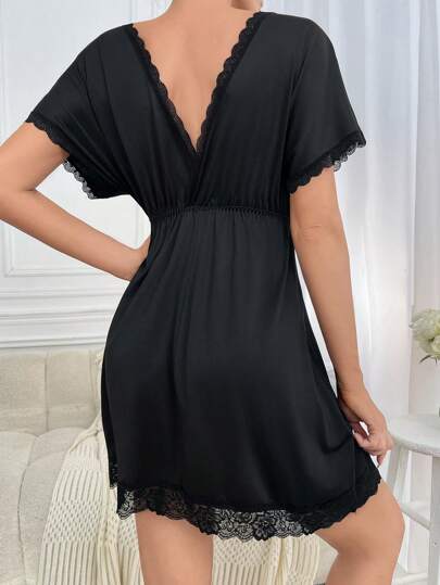 Contrast Kanten Tie Front Pajama Nightdress view 2