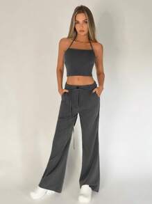 Muchica Solid Crop Halter Top & Flare Leg Trousers - Dark Grey - View 6