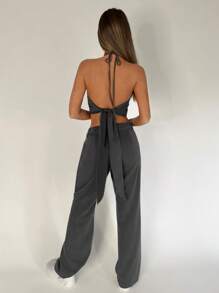 Muchica Solid Crop Halter Top & Flare Leg Trousers - Dark Grey - View 2
