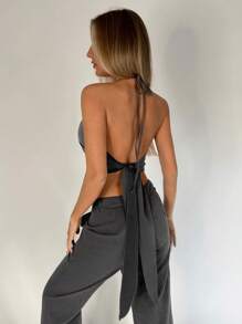 Muchica Solid Crop Halter Top & Flare Leg Trousers - Dark Grey - View 4