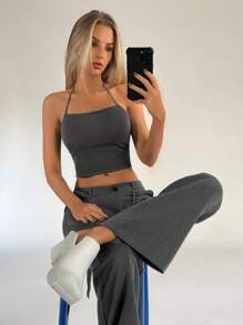 Muchica Solid Crop Halter Top & Flare Leg Trousers - Dark Grey - View 5