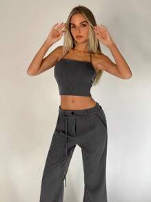 Muchica Solid Crop Halter Top & Flare Leg Trousers - Dark Grey - View 7