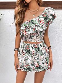 SHEIN VCAY Tropical Print One Shoulder Ruffle Trim Top & Shorts - White - View 4