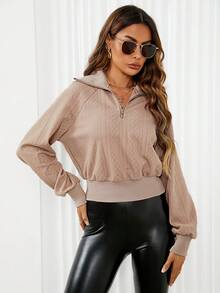 SHEIN LUNE Một nửa khóa kéo Tay Raglan Áo nỉ - Màu be - Xem 3