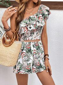 SHEIN VCAY Tropical Print One Shoulder Ruffle Trim Top & Shorts - White - View 6