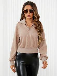 SHEIN LUNE Một nửa khóa kéo Tay Raglan Áo nỉ - Màu be - Xem 4