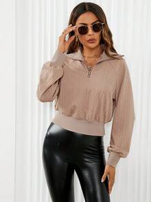 SHEIN LUNE Một nửa khóa kéo Tay Raglan Áo nỉ - Màu be - Xem 6