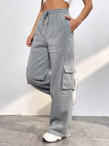 SHEIN EZwear Flap Pocket Side Drawstring Waist Cargo Pants - Grey - View 1