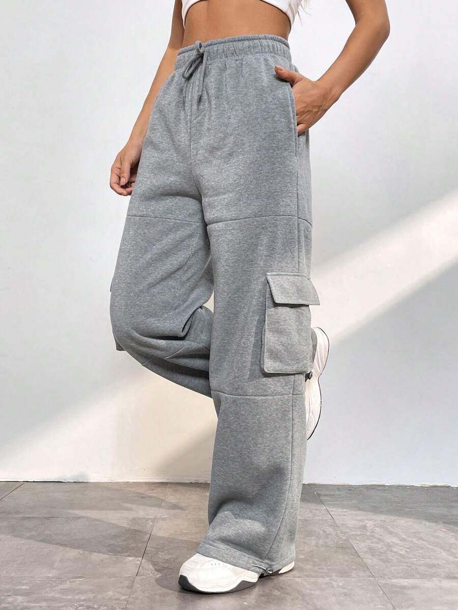 SHEIN EZwear Flap Pocket Side Drawstring Waist Cargo Pants - Grey - View 1