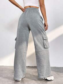 SHEIN EZwear Flap Pocket Side Drawstring Waist Cargo Pants - Grey - View 2