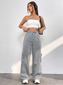 SHEIN EZwear Flap Pocket Side Drawstring Waist Cargo Pants - Grey - View 3