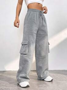SHEIN EZwear Flap Pocket Side Drawstring Waist Cargo Pants - Grey - View 4