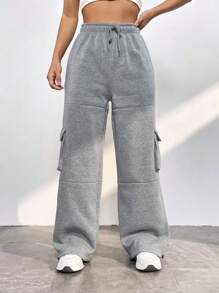 SHEIN EZwear Flap Pocket Side Drawstring Waist Cargo Pants - Grey - View 5