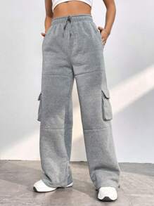 SHEIN EZwear Flap Pocket Side Drawstring Waist Cargo Pants - Grey - View 6