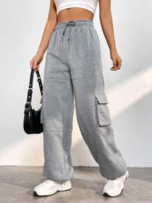 SHEIN EZwear Flap Pocket Side Drawstring Waist Cargo Pants - Grey - View 7