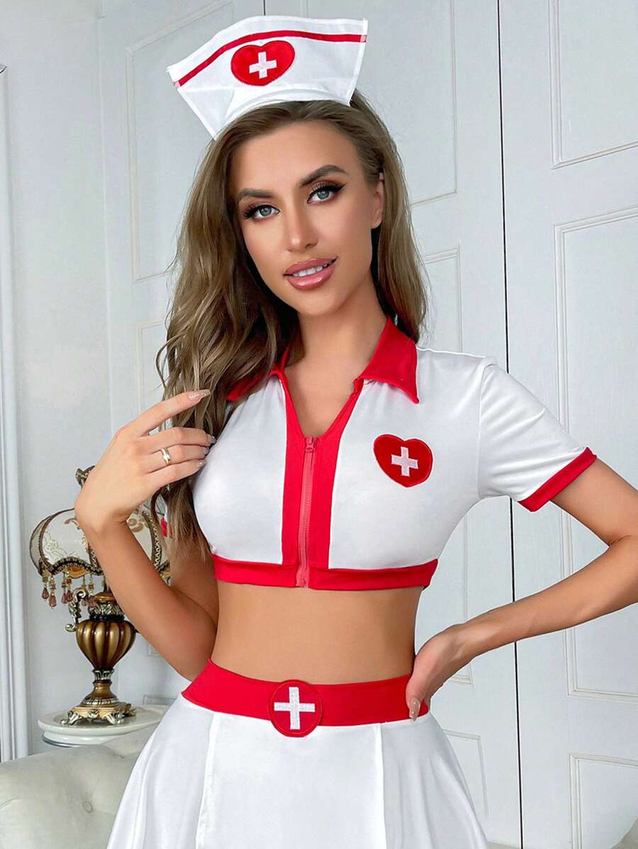 Heart Pattern Zip Up Nurse Costume Top SHEIN USA — free download