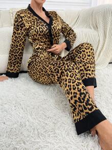 SHEIN Leopard Print Contrast Trim Satin PJ Set - Khaki - View 3