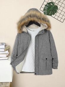 SHEIN Tween Boy Fuzzy Trim Hooded Thermal Lined Coat Without Tee - Grey - View 1