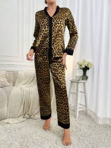 SHEIN Leopard Print Contrast Trim Satin PJ Set - Khaki - View 4