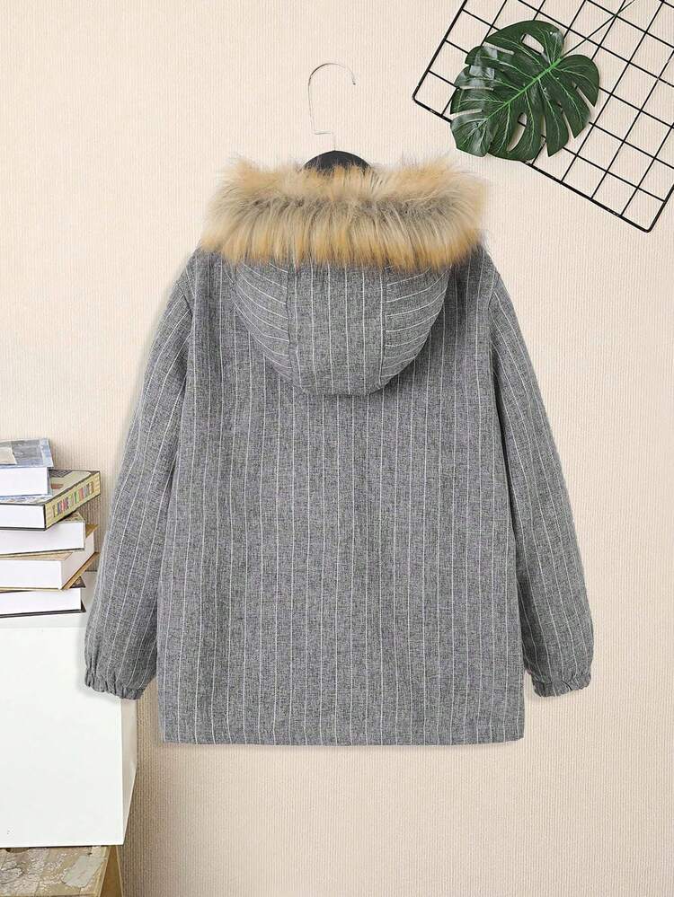 Tween Boy Fuzzy Trim Hooded Thermal Lined Coat Without Tee