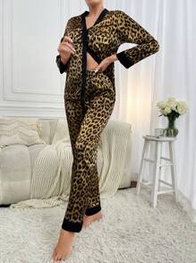 SHEIN Leopard Print Contrast Trim Satin PJ Set - Khaki - View 5