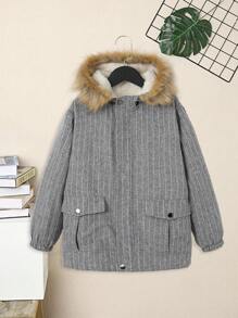 SHEIN Tween Boy Fuzzy Trim Hooded Thermal Lined Coat Without Tee - Grey - View 3