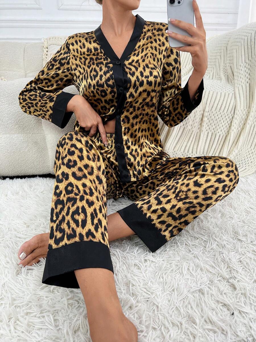 SHEIN Leopard Print Contrast Trim Satin PJ Set - Khaki - View 1