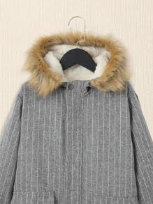 SHEIN Tween Boy Fuzzy Trim Hooded Thermal Lined Coat Without Tee - Grey - View 6