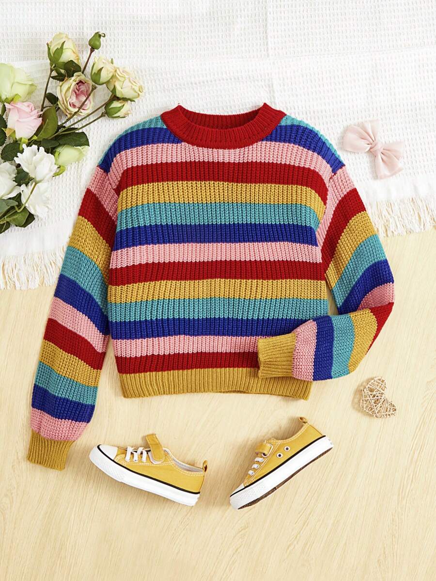 女大童彩虹條紋圖案落肩袖套頭毛衣 - 彩色 - 查看 1