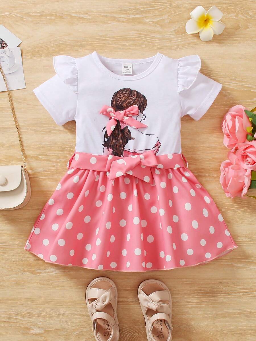女嬰波卡圓點&人像圖案荷葉邊前蝴蝶結連衣裙 - 粉色 - 查看 1
