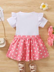 女嬰波卡圓點&人像圖案荷葉邊前蝴蝶結連衣裙 - 粉色 - 查看 2