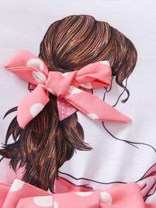 女嬰波卡圓點&人像圖案荷葉邊前蝴蝶結連衣裙 - 粉色 - 查看 4