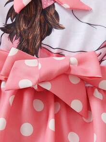 女嬰波卡圓點&人像圖案荷葉邊前蝴蝶結連衣裙 - 粉色 - 查看 5