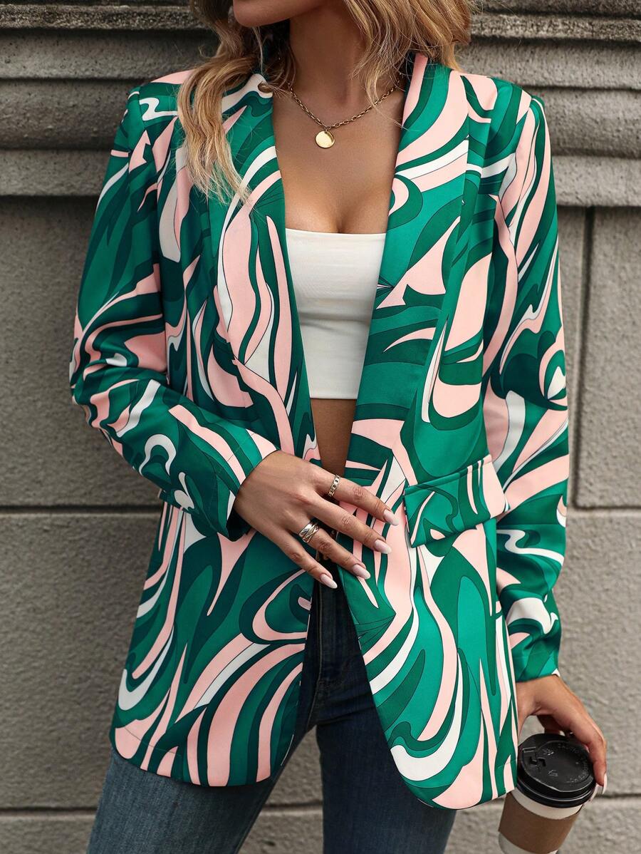 SHEIN Essnce Allover Print Open Front Blazer - Green - View 1