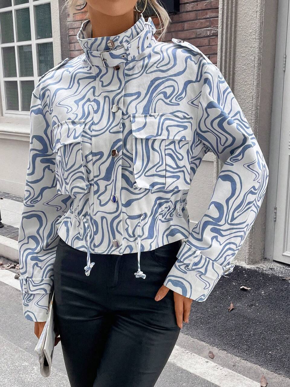 Allover Print Flap Pocket Crop Jacket