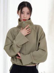 DAZY Sudadera con cremallera de manga raglán bajo con cordón - Verde - Ver 6