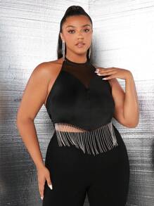SHEIN SXY 大碼嵌入網紗流蘇下擺掛脖上衣 - 黑色 - 查看 1