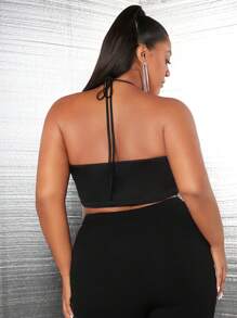 SHEIN SXY 大碼嵌入網紗流蘇下擺掛脖上衣 - 黑色 - 查看 2